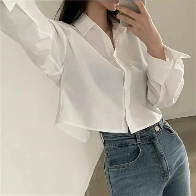 Color: Blue, Size: M - Spring New Casual Long Sleeve Women White Shirt Korea Style Solid Button Split Woman Crop Tops Blouse Party Clothing