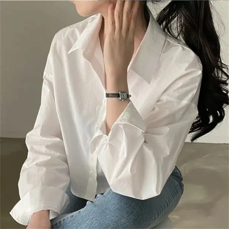 Color: Blue, Size: M - Spring New Casual Long Sleeve Women White Shirt Korea Style Solid Button Split Woman Crop Tops Blouse Party Clothing