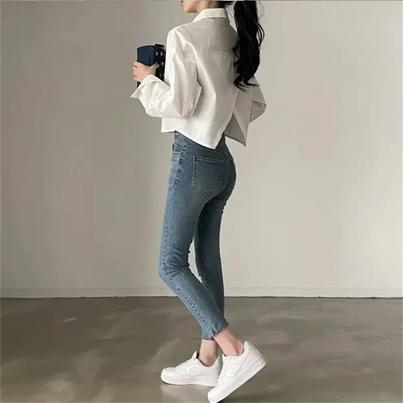 Color: Blue, Size: M - Spring New Casual Long Sleeve Women White Shirt Korea Style Solid Button Split Woman Crop Tops Blouse Party Clothing