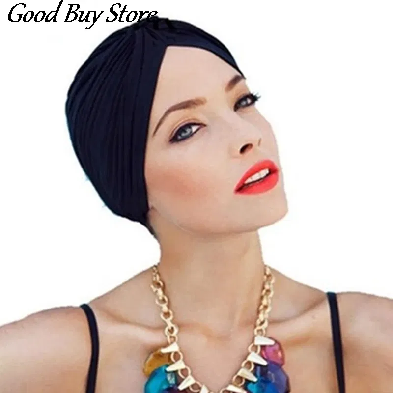 Color: red brown - Solid Color Turban Hat Women Muslim Stretch Hijabs Hats Islamic Underscarf Head Wrap Cap Female Plain Headwear Headband Soft