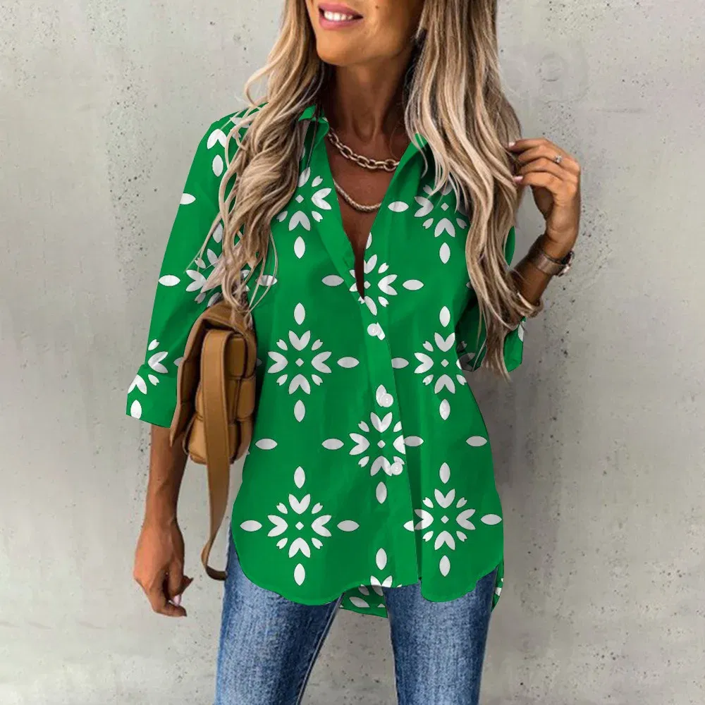 Color: Orange, Size: XXL - Ladies Long Sleeved Shirt Vacation Style Coconut Tree 3D Digital Printed Button Up Collar Loose Casual Ladies Blouse 2024 Autumn