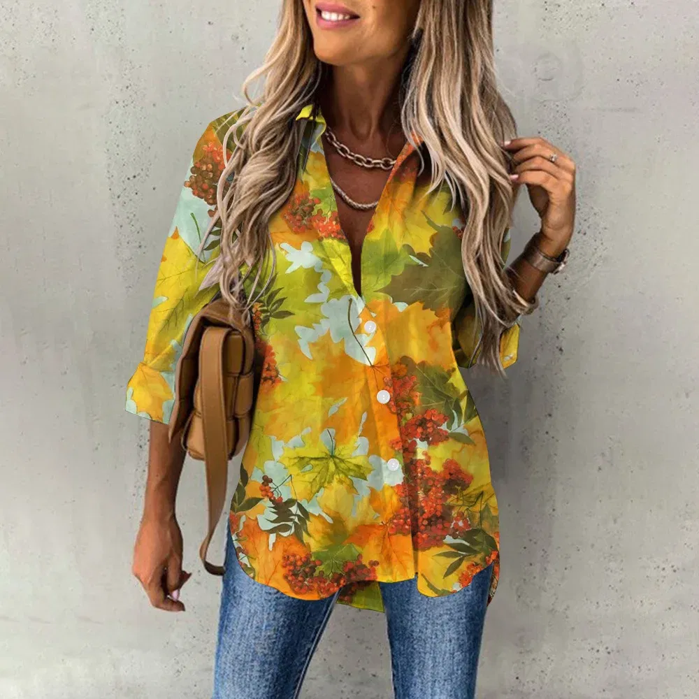 Color: Orange, Size: XXL - Ladies Long Sleeved Shirt Vacation Style Coconut Tree 3D Digital Printed Button Up Collar Loose Casual Ladies Blouse 2024 Autumn