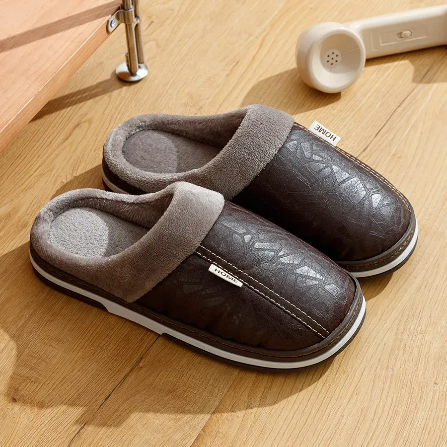 Color: Brown, Shoe Size: 6 - Big Size Winter Casual Men's Slippers Indoor Waterproof PU Leather Home Shoes Fur Flat Warm Fashion Bedroom Houseshoes