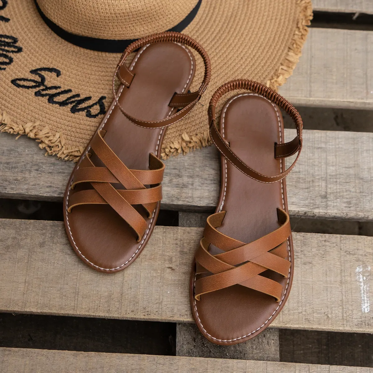 Color: WHITE, Shoe Size: 36 - Shoes for Women 2024 Summer New Women Flat Sandals Bottom Roman Strap Sandals with Non Slip Rubber Soles Ladies Daily Sandalia