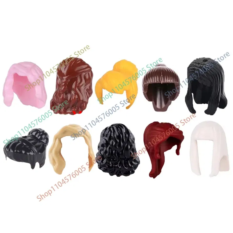 Color: Sand Blue - MOC Brown Hair Building Blocks City Figures Body Creative Accessory Blond Gold White Parts DIY Hats Mini Bricks Assemble Toy S04