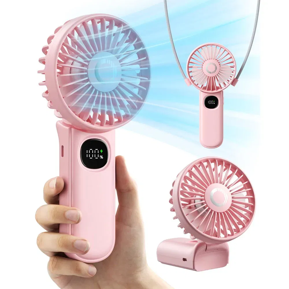 Color: Pink - coldSky Handheld Fan Foldable Portable Fan with LED Display 3000mAh Battery Operated Mini Hand Held Fan for Travel Beach Outdoor