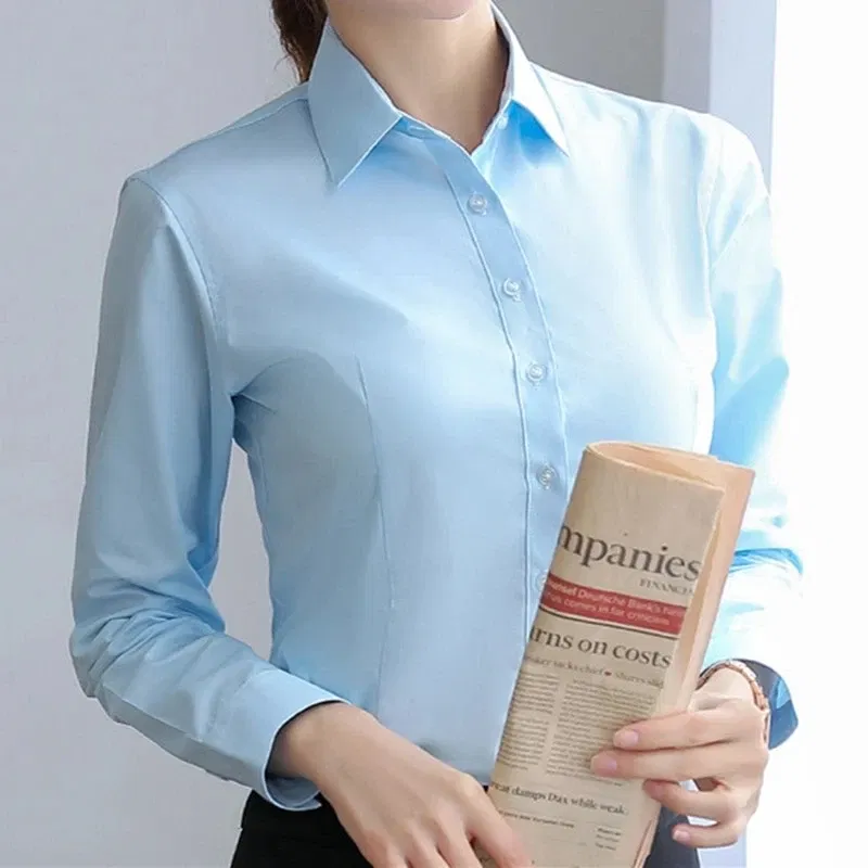 Color: WHITE, Size: 5XL - Elegant Women Shirts Woman White Shirt Long Sleeve Blouse Office Lady business Pink Shirts Button Solid Women work Blouses Tops