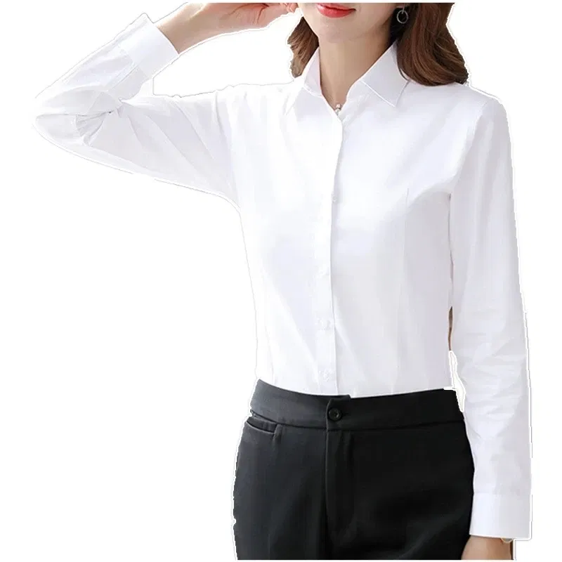 Color: WHITE, Size: 5XL - Elegant Women Shirts Woman White Shirt Long Sleeve Blouse Office Lady business Pink Shirts Button Solid Women work Blouses Tops