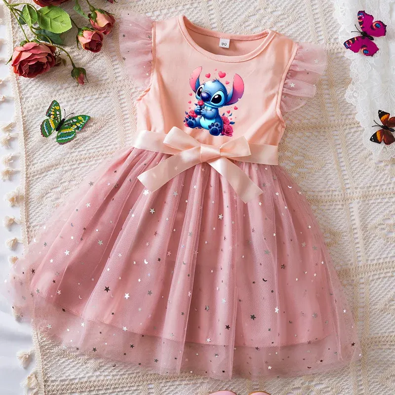 Color: army green, Kid Size: 4T - Lilo Stitch Girls Sequin Tutu Dress with Bow Flutter Sleeves Summer Princess Party Outfit for Toddler Kids 2-6 Years