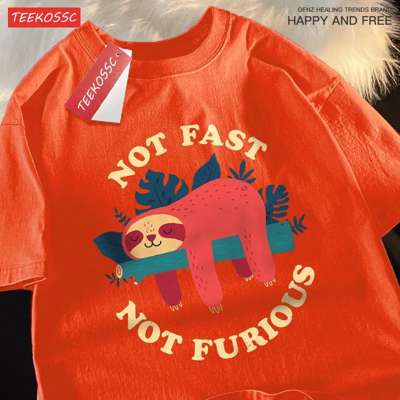 Color: GRAY, Size: M - Not Fast Not Furious Cute Sloth Male T Shirts Hip Hop Crewneck Short Sleeve Summer Cotton Tops Casual Sweat Oversized T-Shirts