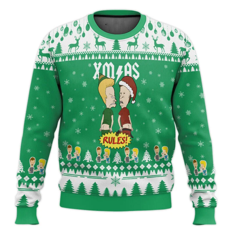 Color: GRAY, Size: XXXL - Xmas Rock Beavis and Butthead Ugly Christmas Sweater Cartoon Anime Women Men Pullover Tops New Fashion Couple Hoodie Sweatshirt
