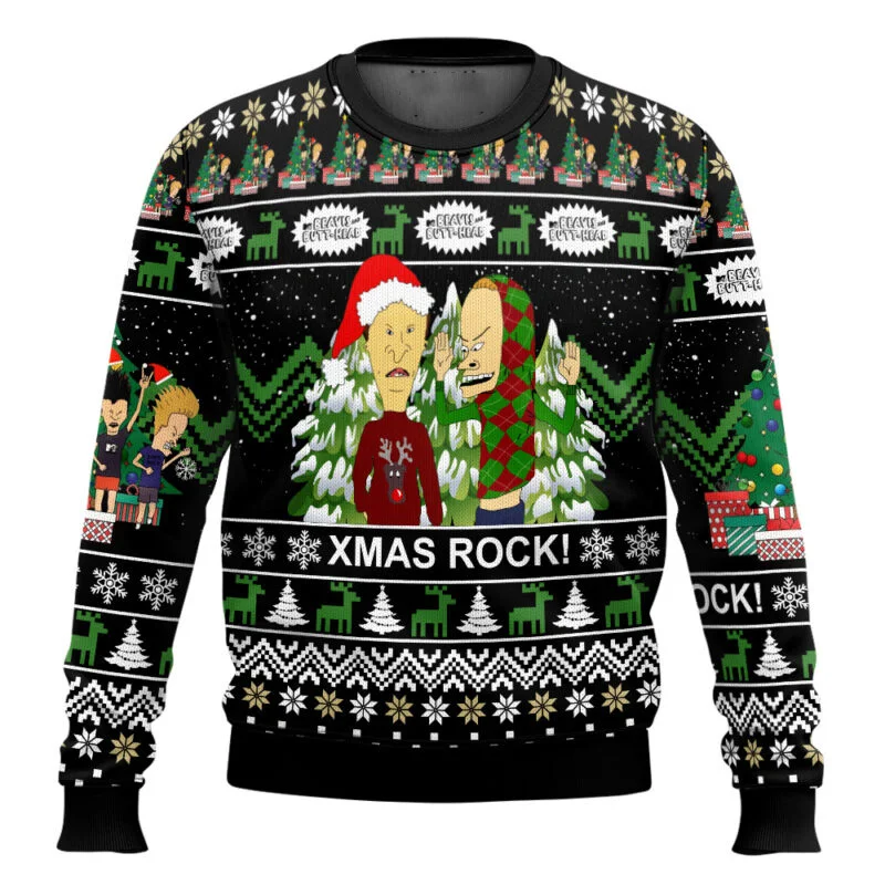 Color: GRAY, Size: XXXL - Xmas Rock Beavis and Butthead Ugly Christmas Sweater Cartoon Anime Women Men Pullover Tops New Fashion Couple Hoodie Sweatshirt