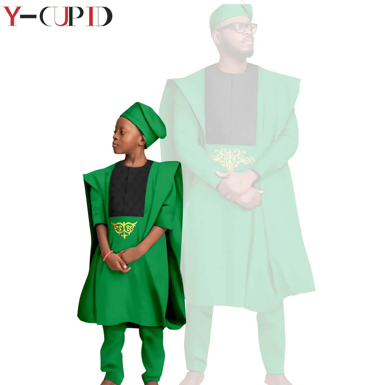 Color: Navy Blue, Size: Mother 3XL - African Clothes for Men Top Pants Robes Hat Sets Match Kid Boy Sets Dashiki Father and Son Bazin Riche Family Outfits Y20F001