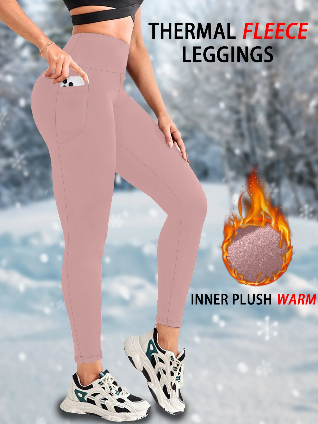 Color: Pink, Size: XS - Womens Thermal Fleece Lined High Waisted with pockets Leggings, Workout Winter Warm Thick Tights Soft Yoga Running Pants