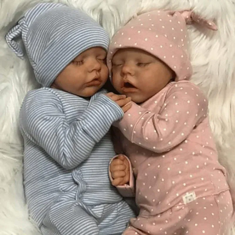 45cm Reborn TWINs Sleeping Baby Full Body Siicone Hand-Detailed Painted Hair with 3D Skin Tone Visible Veins Doll Toy Gift