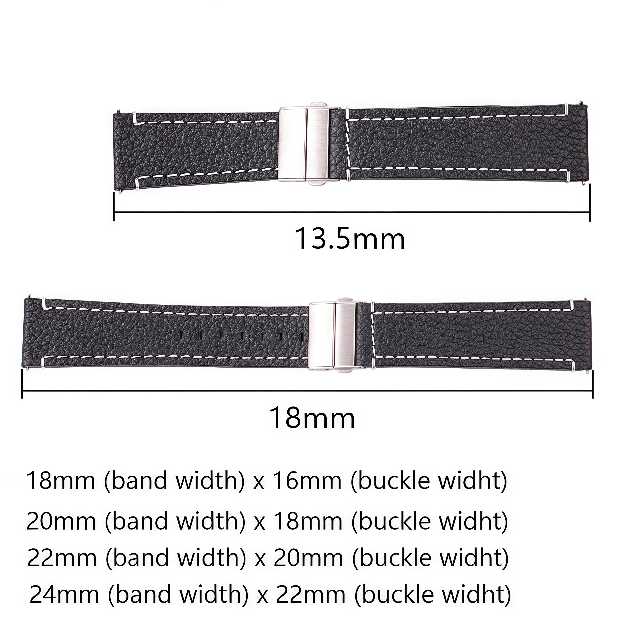 Band Color: BLACK WHITE, Band Width: 13mm - Soft Genuine Leather Smart Watch Band 18 20 22 24mm Women Men Cowhide Strap Brown Black Quick Release Watchband Bracelet