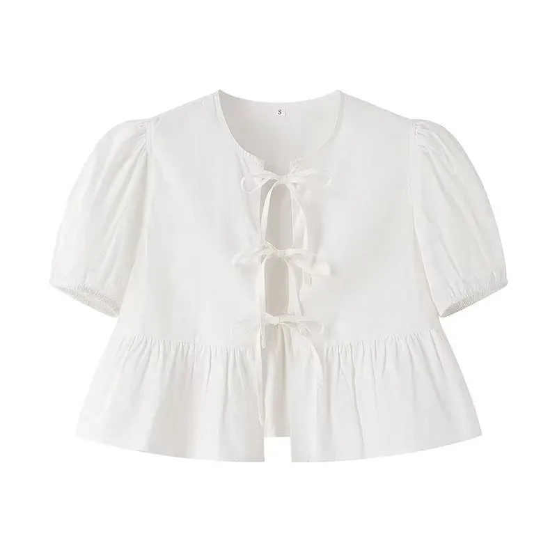 Color: GRAY, Size: L - TRAF White Crop Top Women Black Ruffle Short Puff Sleeve Blouse Female Bow Tied Summer Blouses Woman 2024 Ruched Cute Tops