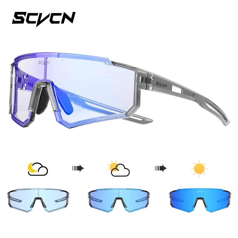 Color Name: WHITE - SCVCN Color Photochromic Cycling Glasses Outdoo Fashion Sports Sunglasses Men MTB Cycling Sunglasses Women Road Bike Glasses