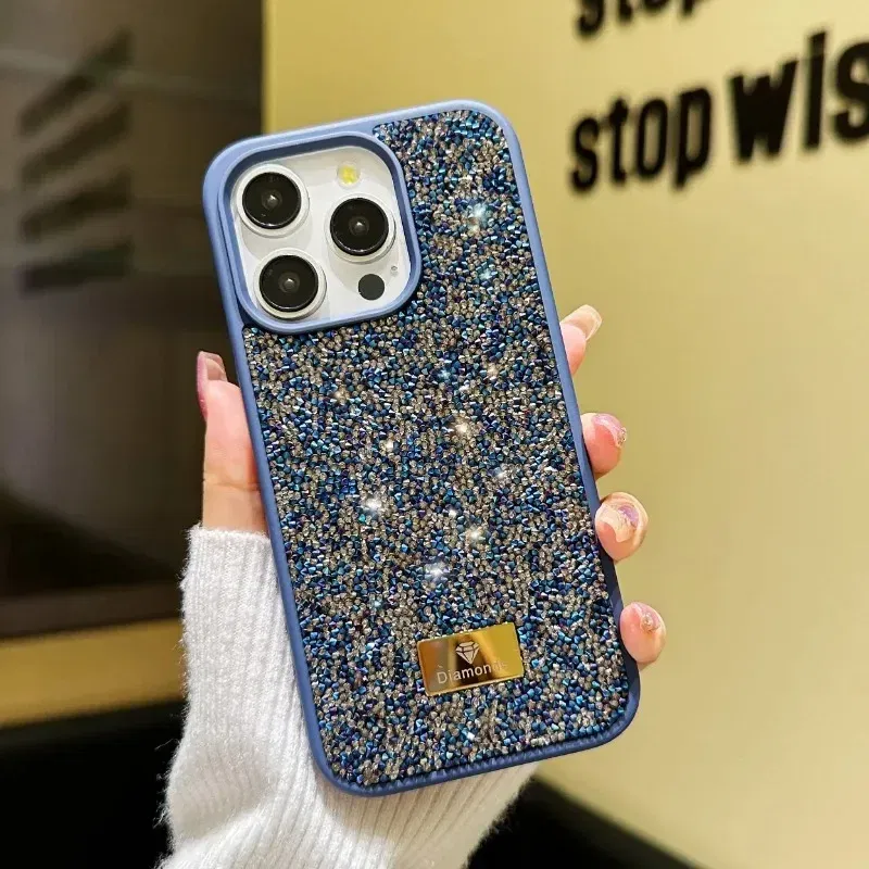 Material: Silicon, Color: black - Luxury INS Dazzling Full Covered Zircon Macaroon Color Phone Case for iPhone 16 15 14 11 12 13 Pro Max Plus Back Cover