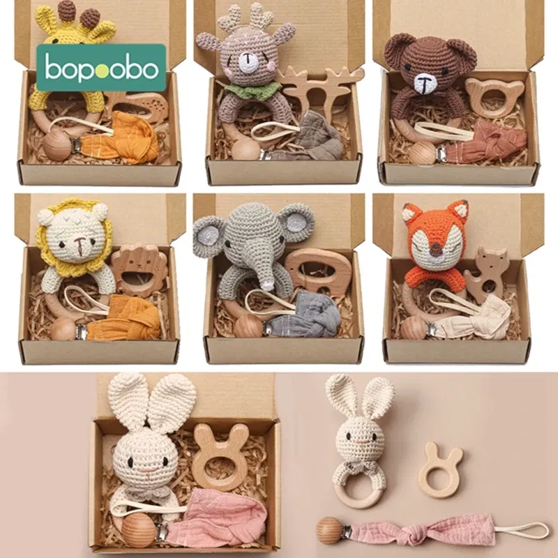 Color: MULTI - Bopoobo 3PCS/5PCS Crochet Bunny Baby Teether Rattle Animal Beech Wood Teether Pacifier Chain Crochet Rattle For Newborn Baby