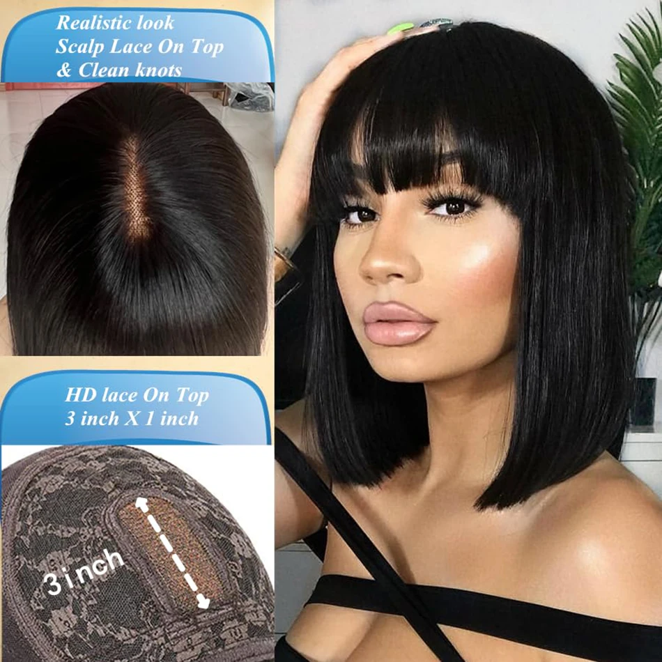 Stretched Length: 16inches, Hair Color: #270, Density: 180%, Ships From: CHINA - Wiggogo 3X1 Middle Part Lace Wig Bone Straight Human Hair Wig With Bangs Full Machine Made Straight Human Hair Wigs For Women