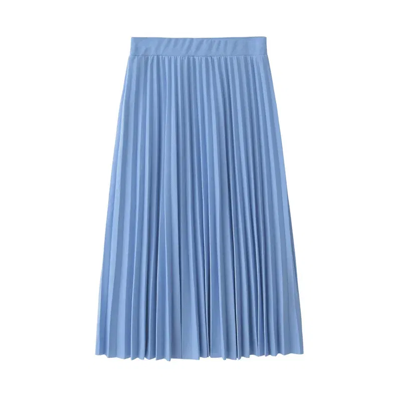 Color: Blue, Size: One Size - Spring and Autumn New Fashion Women's High Waist Pleated Solid Color Half Length Elastic Skirt Promotions Lady Black Pink