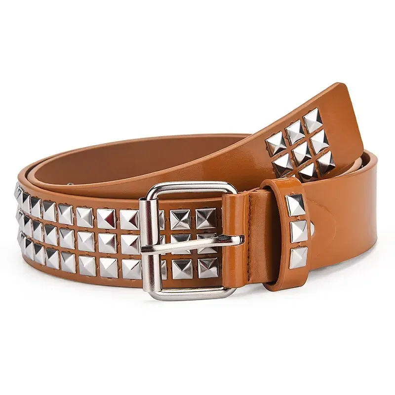 Color: khaki, Belt Length: 110cm - Fashion New Square Bead Rivet Belt Metal Pyramid Belt Men and Women Punk Hardware Jeans Belt Y2K Belt Designer Belt Women's Belt