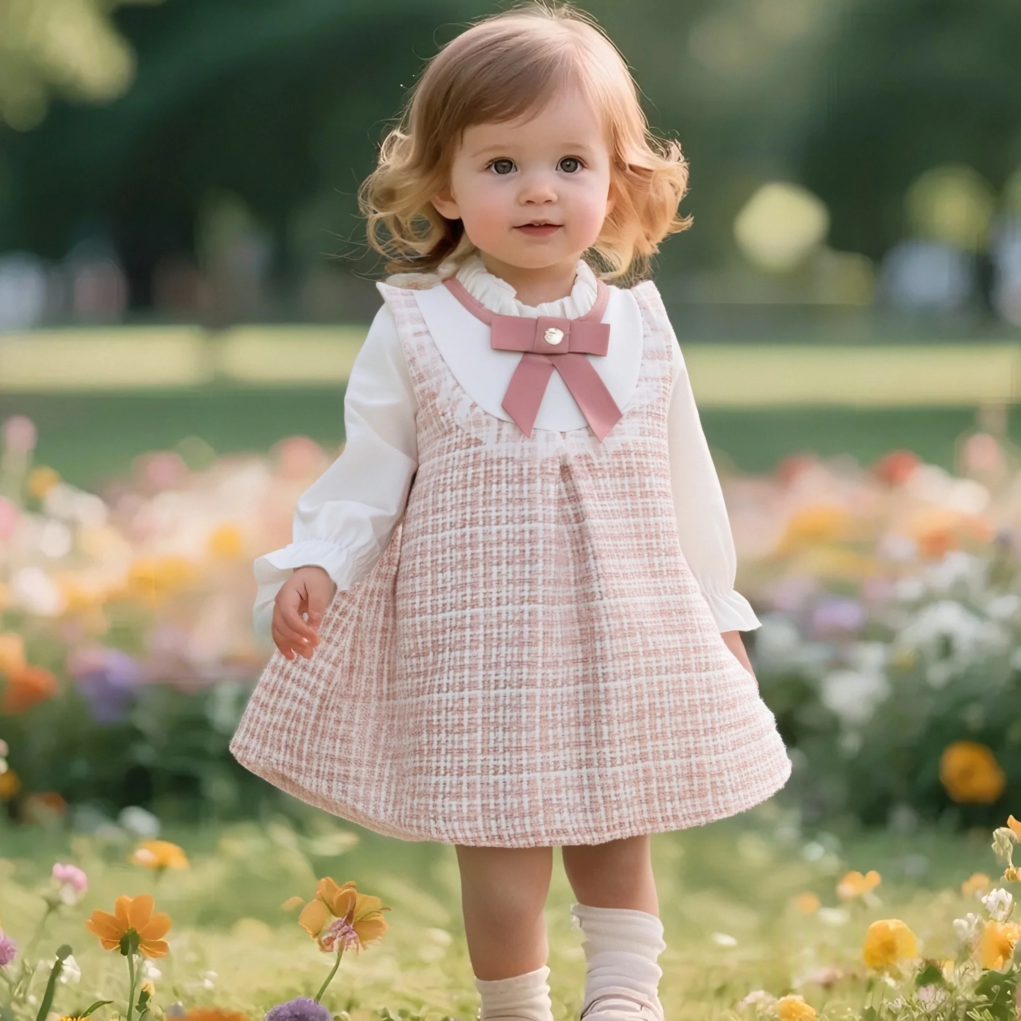 Color: Blue, Kid Size: 12M - Spring and Autumn New Baby Girl Long Sleeve Dress Fake Two Small Checkered Children's Clothes (0-3 Years Old)