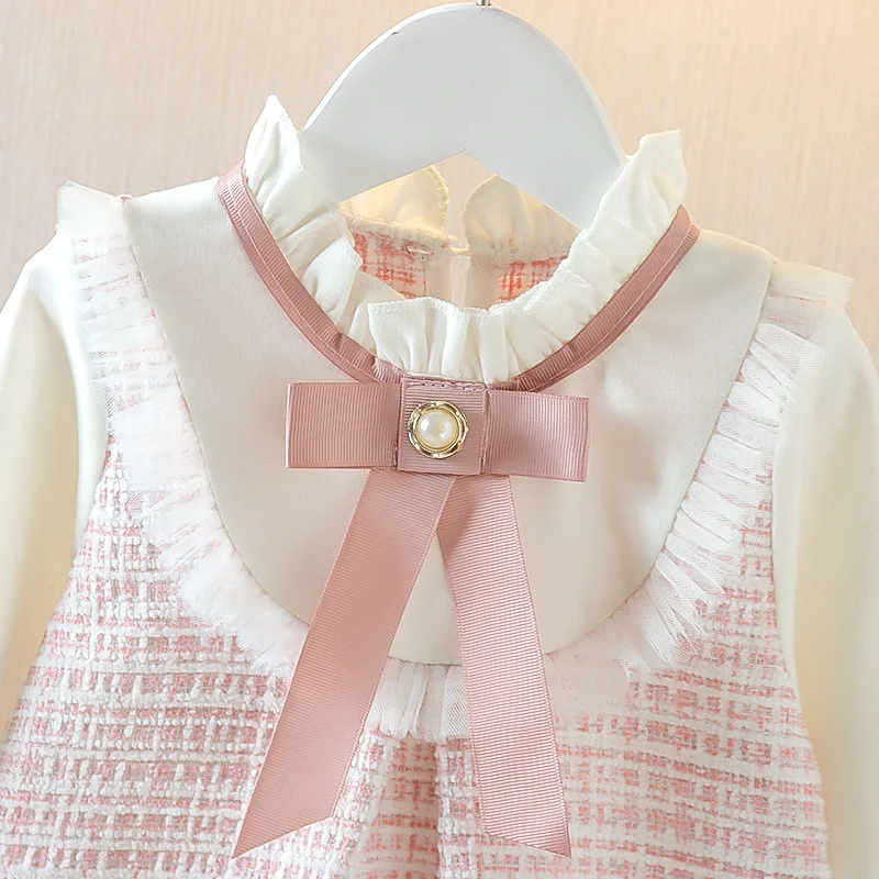 Color: Blue, Kid Size: 12M - Spring and Autumn New Baby Girl Long Sleeve Dress Fake Two Small Checkered Children's Clothes (0-3 Years Old)