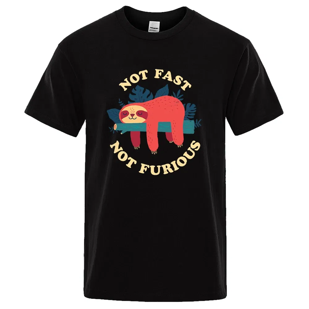 Color: black, Size: L - Not Fast Not Furious Sloth Cute Print Men Tee Shirts Breathable Cotton Tops Street Fashion T-shirt Women Casual Summer T Shirts