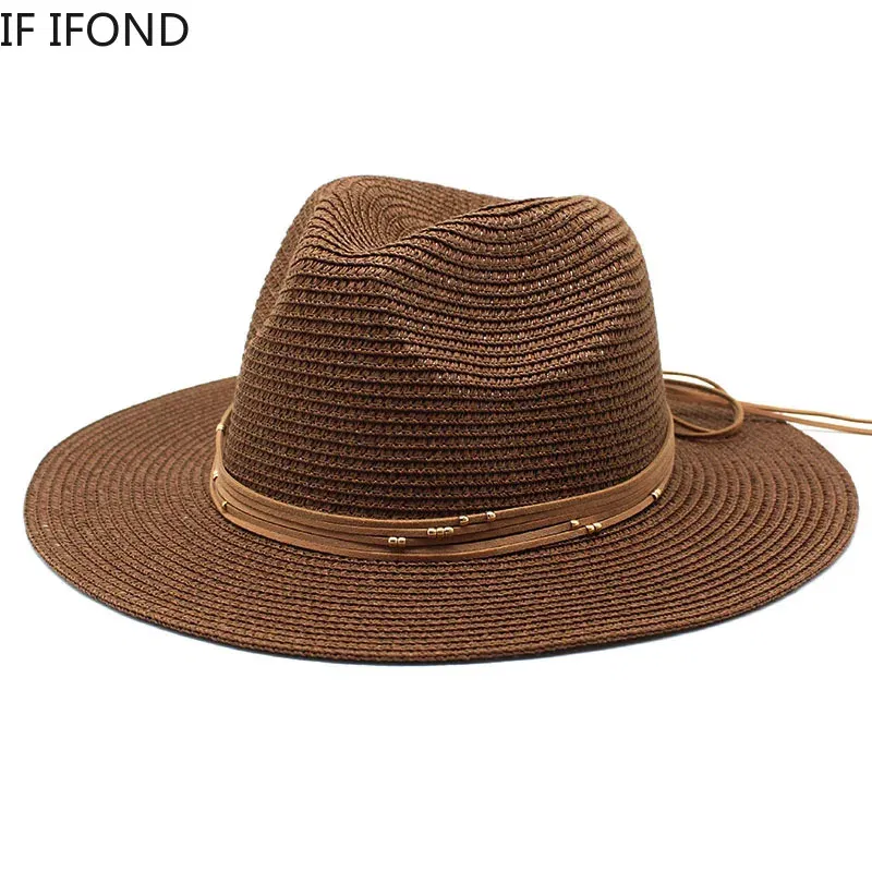 Color: SKY BLUE, Size: L - Big Size 60CM New Straw Hat 7cm Brim Summer Cooling Beach Sun Hat Outdoor Party Panama Jazz Hat Sombreros De Mujer