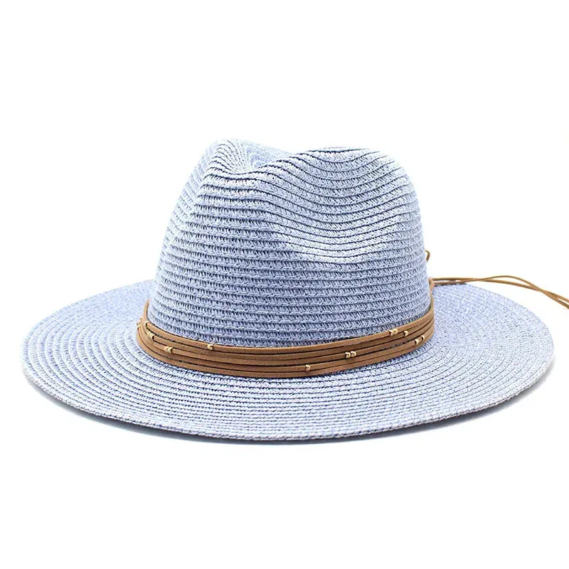 Color: SKY BLUE, Size: L - Big Size 60CM New Straw Hat 7cm Brim Summer Cooling Beach Sun Hat Outdoor Party Panama Jazz Hat Sombreros De Mujer