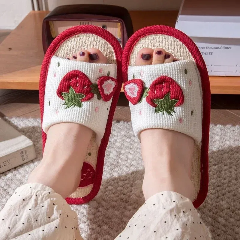 Shoe Size: 40-41, Color: Grape - Strawberry Linen Upper Sweet Home Girl's Soft Soles Silent Non-slip Floor Slippers in Line with Human Bow Science Shoes Sandals