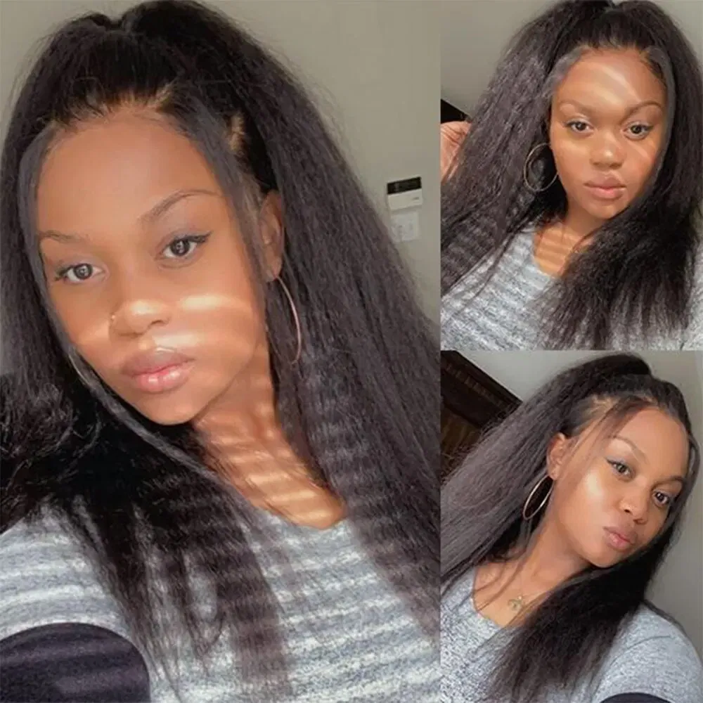 Color: Natural Color, Stretched Length: 18inches - Kinky Straight 13x4 Transparent Lace Front Wigs Human Hair 180% Density Pre Plucked Yaki Straight Human Hair Natural Color