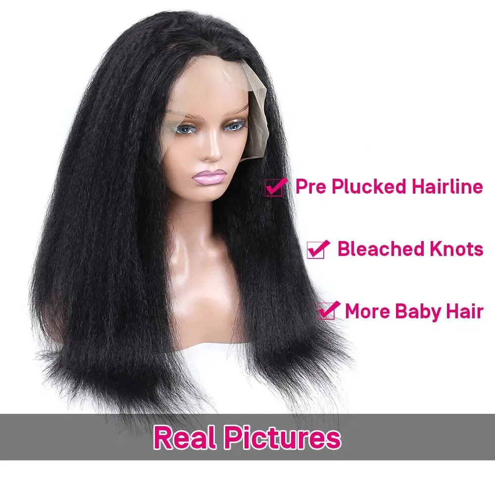 Color: Natural Color, Stretched Length: 18inches - Kinky Straight 13x4 Transparent Lace Front Wigs Human Hair 180% Density Pre Plucked Yaki Straight Human Hair Natural Color