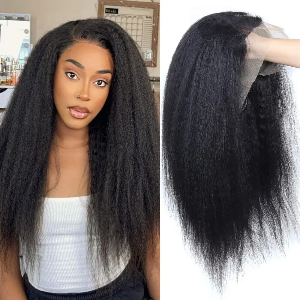 Color: Natural Color, Stretched Length: 18inches - Kinky Straight 13x4 Transparent Lace Front Wigs Human Hair 180% Density Pre Plucked Yaki Straight Human Hair Natural Color
