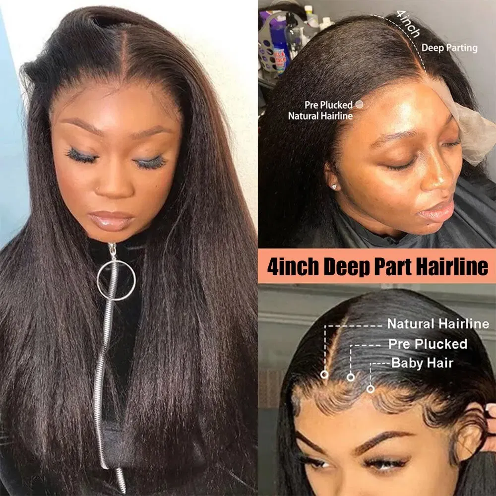 Color: Natural Color, Stretched Length: 18inches - Kinky Straight 13x4 Transparent Lace Front Wigs Human Hair 180% Density Pre Plucked Yaki Straight Human Hair Natural Color