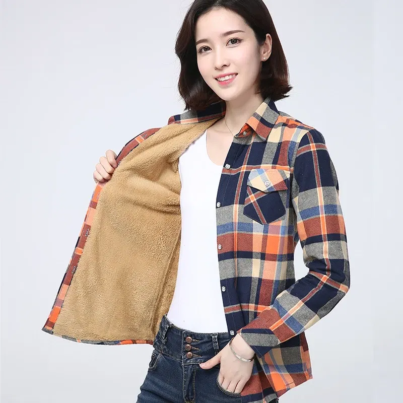 Color: GRAY, Size: M - 2025 Winter New Women's Warm Plaid Shirt Coat Casual Fleece Velvet Plus Thicke Jacket Tops College Style Woman Clothes Outerwear