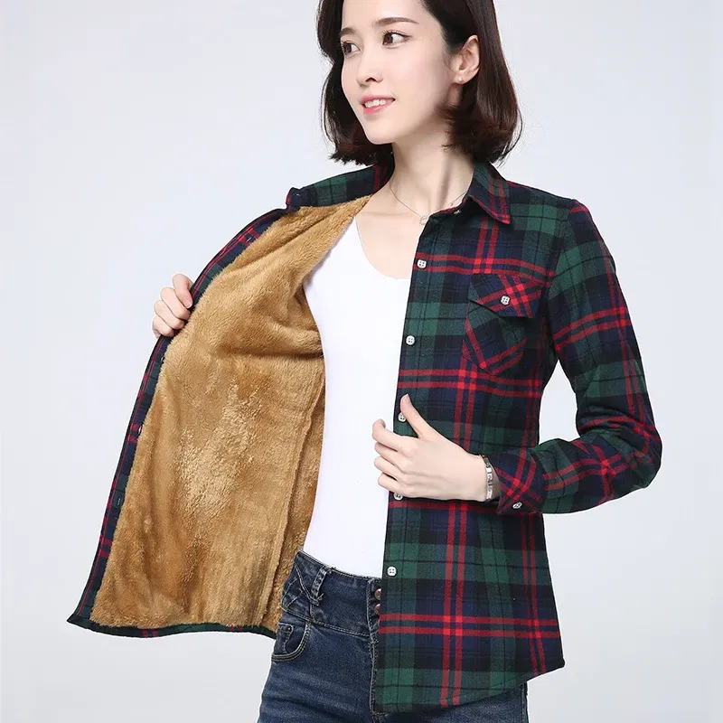 Color: GRAY, Size: M - 2025 Winter New Women's Warm Plaid Shirt Coat Casual Fleece Velvet Plus Thicke Jacket Tops College Style Woman Clothes Outerwear