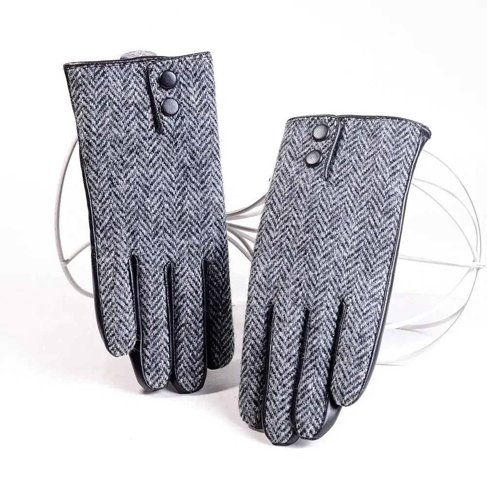 Color: GRAY, Gloves Size: M - New Men's Male Wool Tweed & Leather Winter Warm Thicker Lining fashion Touch Screen Driving Short Gloves