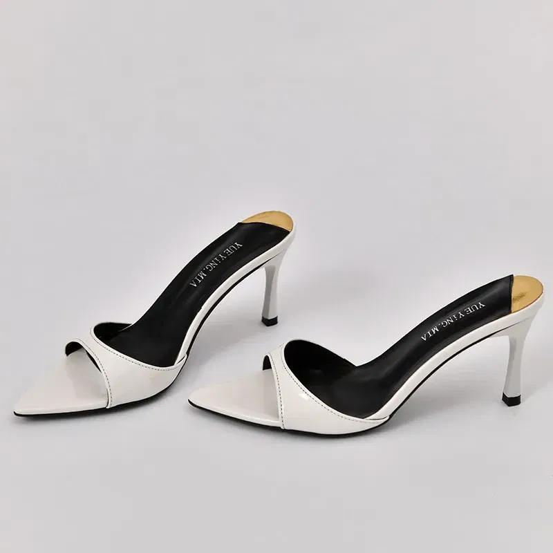Color: WHITE, Shoe Size: 34 - Pointed Stiletto Heels Women Pumps Patent Leather 2024 Summer Designer Mule Sandals Elegant Sexy Office High Heels Women Shoes