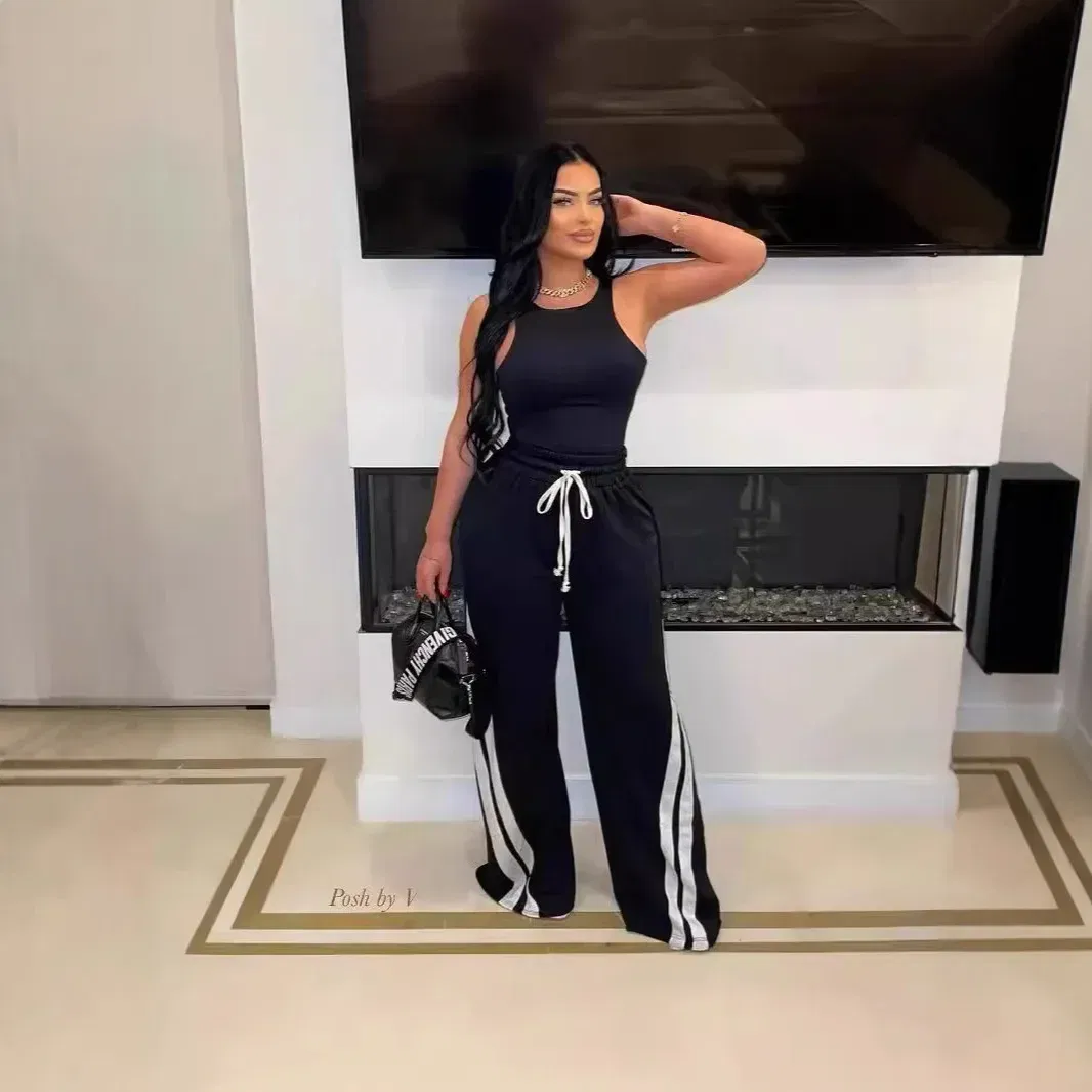 Color: GRAY, Size: XL - Women Wide Leg Pant Long Pants High Elastic Waist Elegant Splice Pocket Simple Casual Loose Straight Trousers Lace Up Streetwear