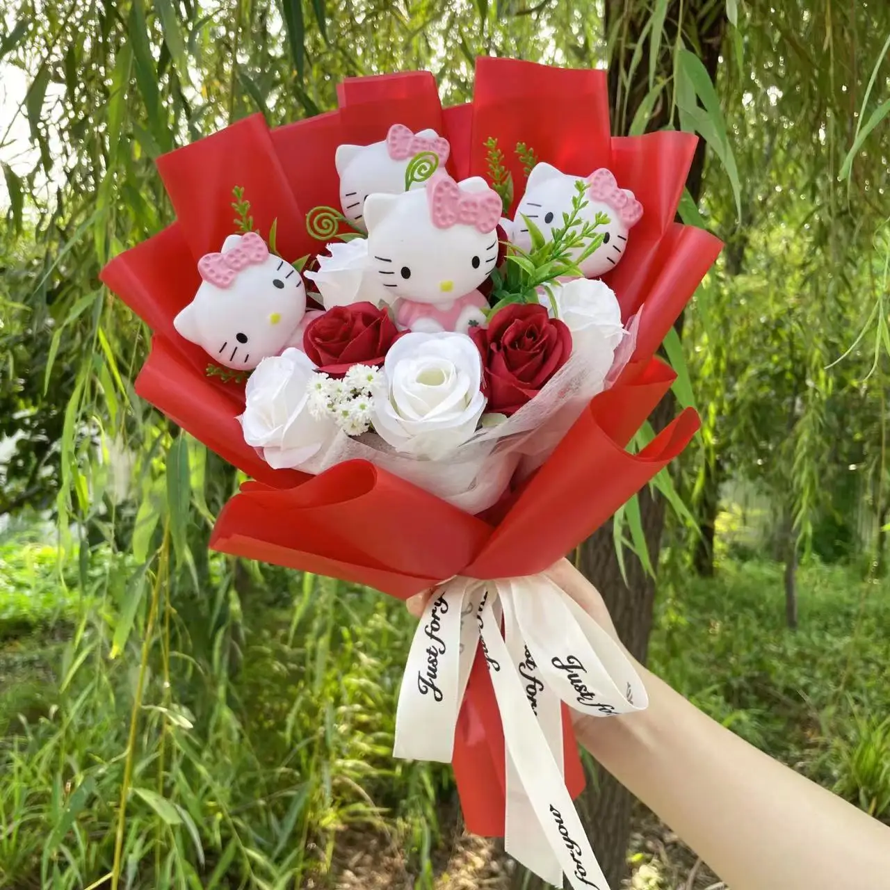 Color: black - Kawaii Hello Kitty Cat Dolls With Artificial Flowers Creative Bouquet Christmas Valentine Birthday Graduation Gifts